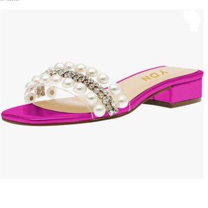 YDN Fuchsia Open Toe Clear Mules Rhinestone Block Low Heel Sandals Pearl Shoes